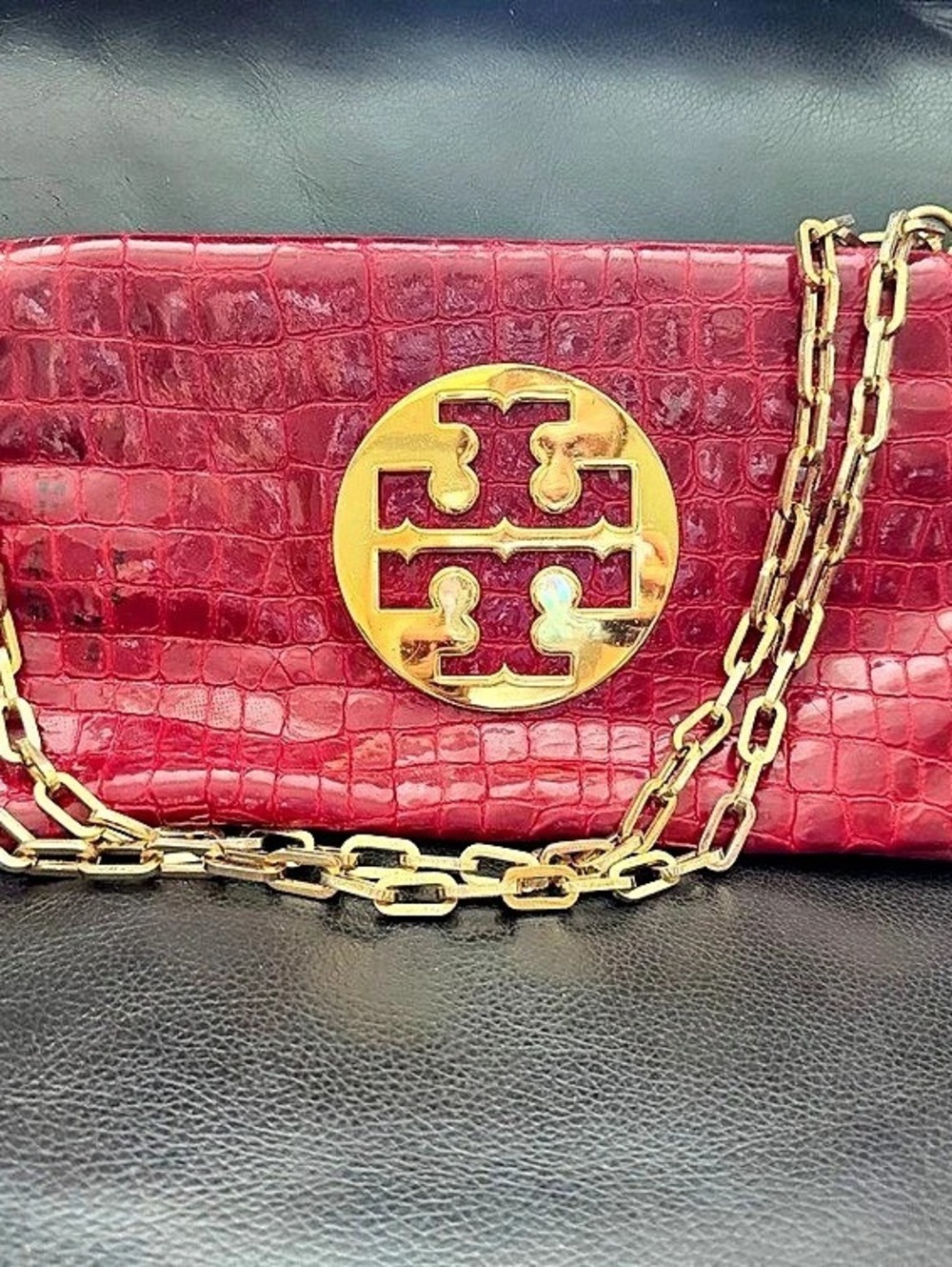 Tory Burch Red Croc Embossed Leather Reva Logo Chain Clutch Crossbody